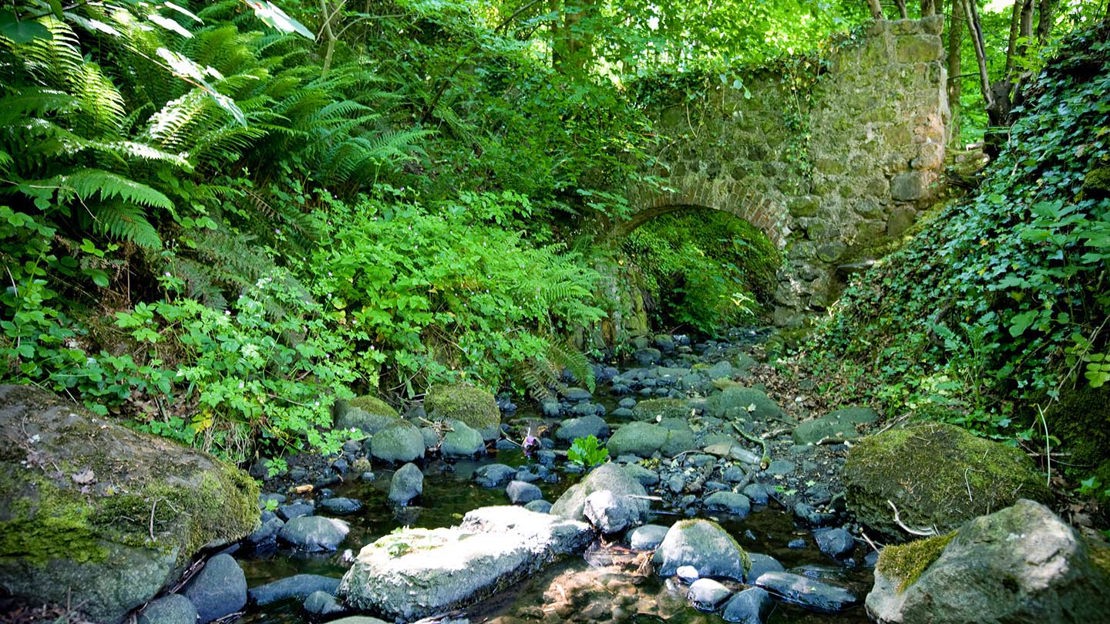 Stone bridge over rock-filled stream, Oakfield Glen