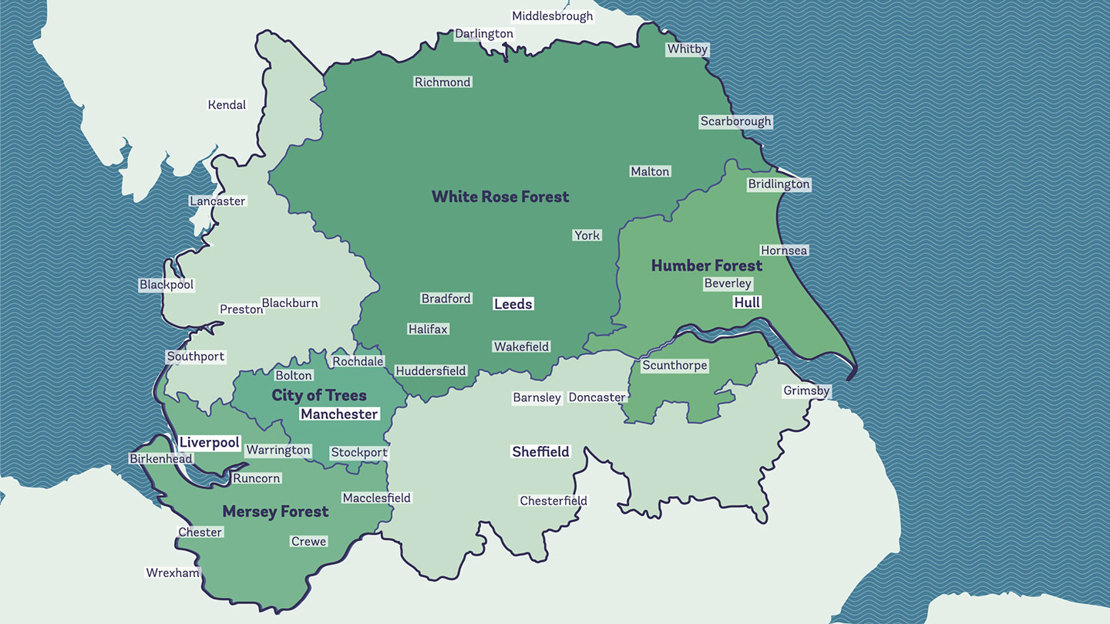 Map of the Northern Forest area highlighted within the North of England, stretching east to west from Hull to Liverpool and north to south from Darlington to Chesterfield.