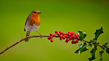 Robin on holly branch with green background Robin on holly branch with green background