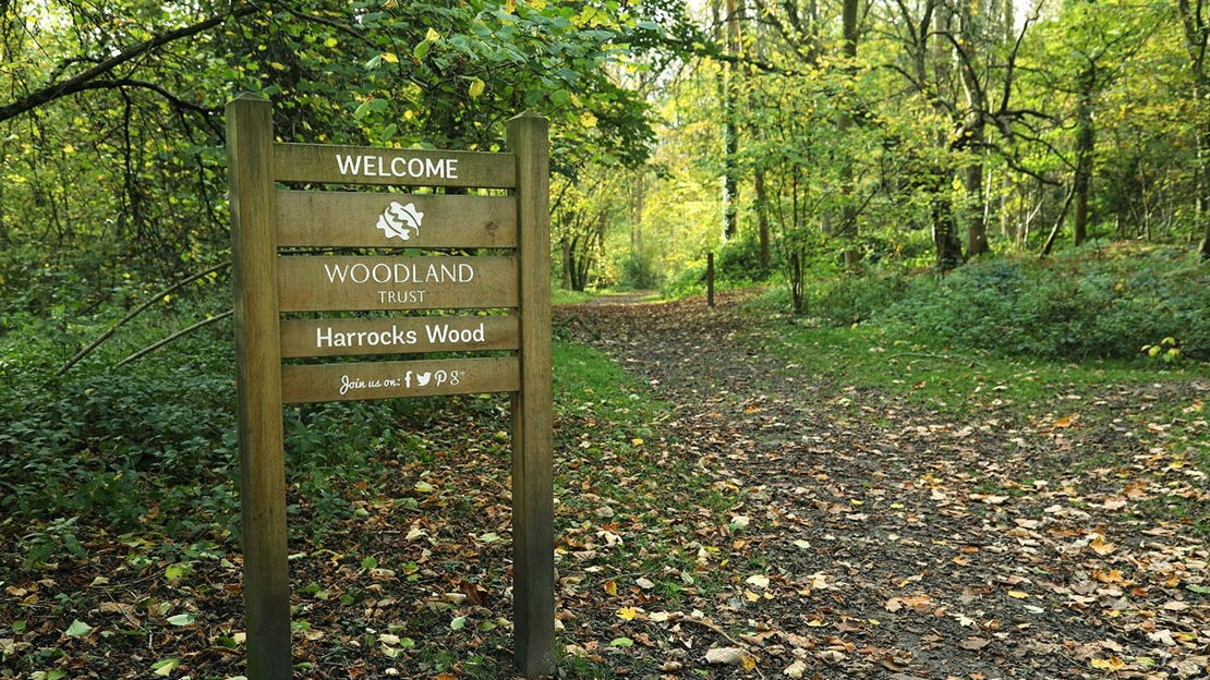 Woodland Trust welcome to Harrocks Wood sign