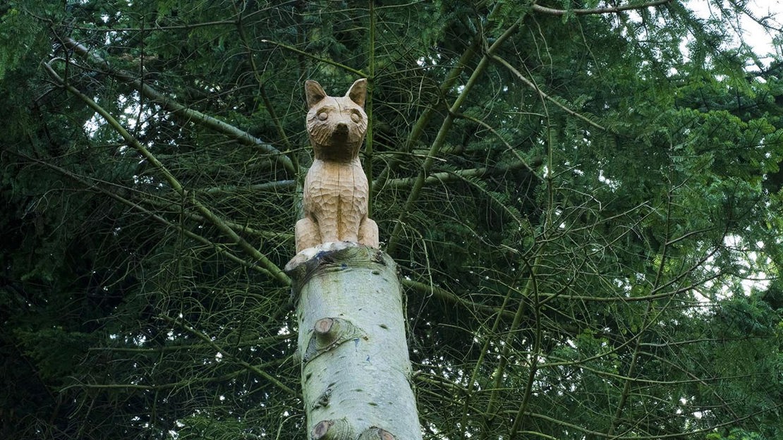 Cat sculpture atop post, Niall Benvie, Moncreiffe Hill