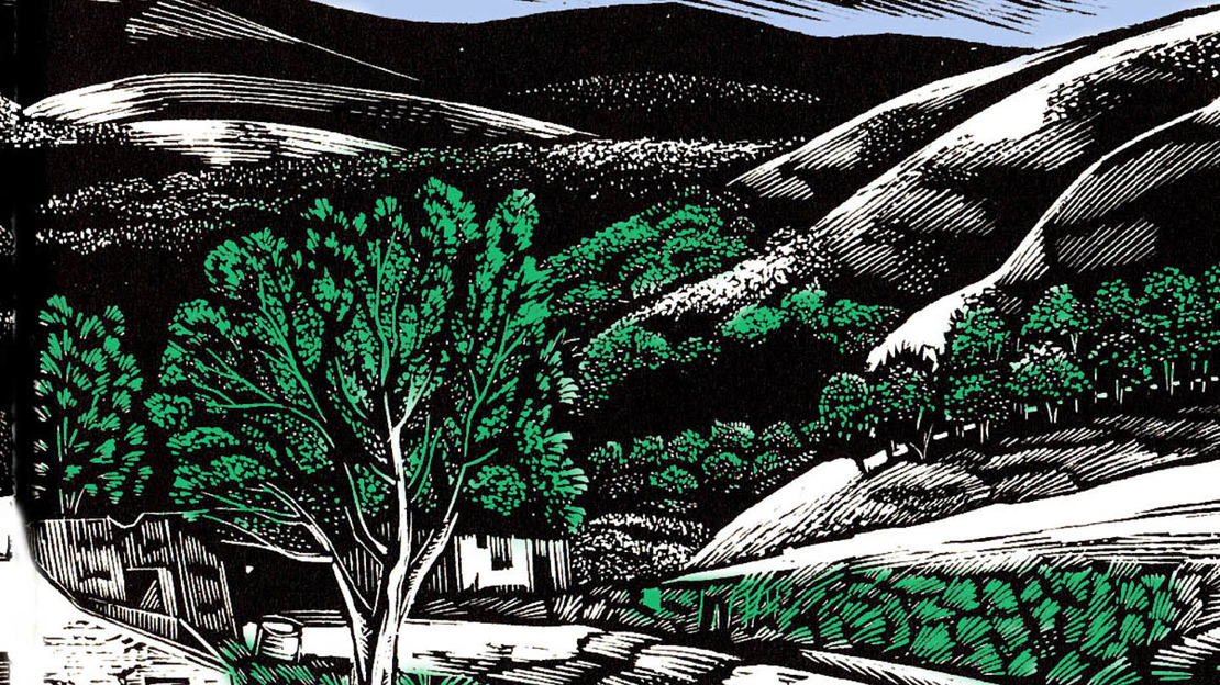 Woodcut print showing a landscape with trees