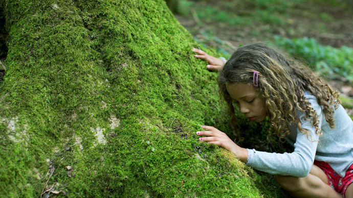 Child looking at a mossy tree trunk