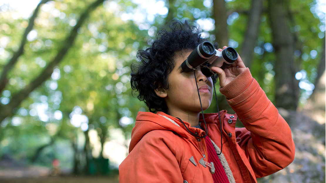 Child in woods looking through binoculars