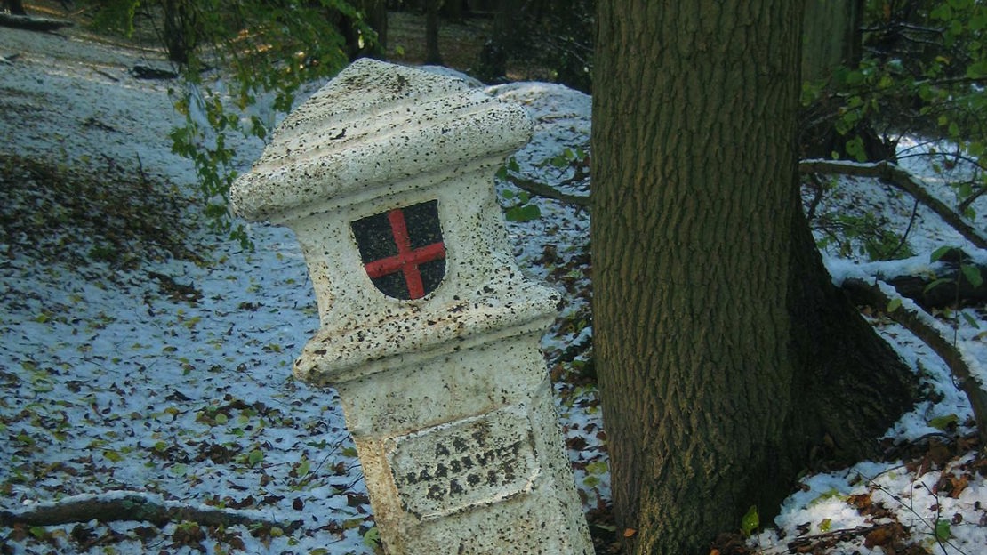 Leaning stone post in snowy woodland, Wormley Wood & Nut Wood