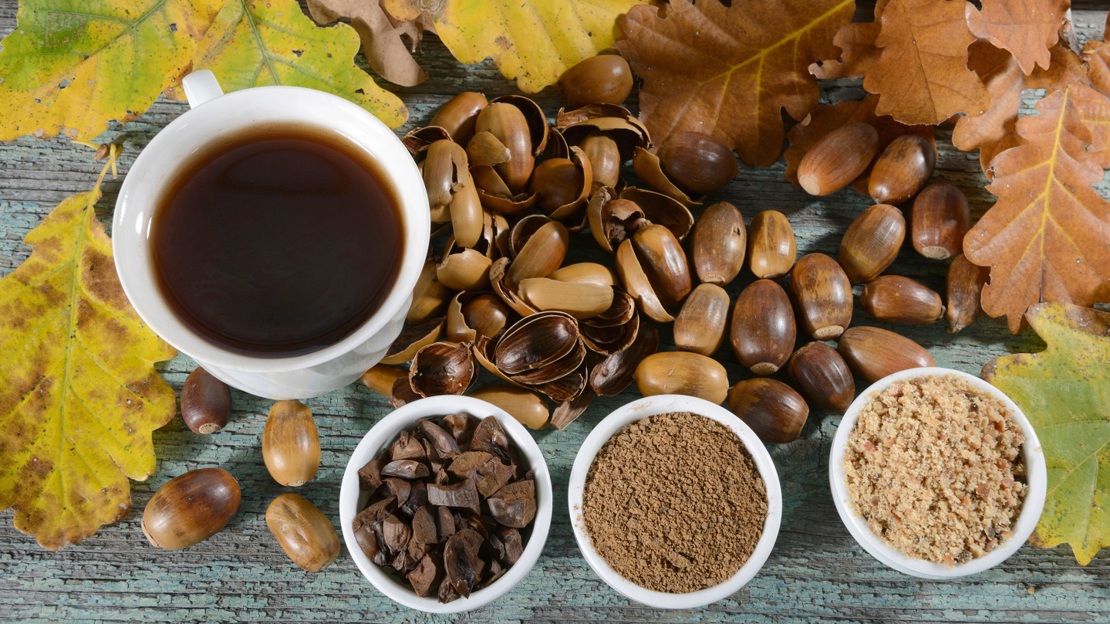 Top view of a cup of dark coffee surrounded by shelled acorns