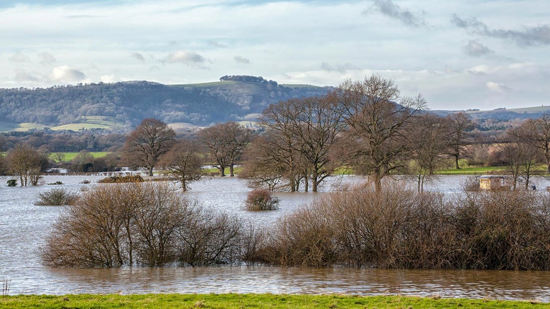 Flood plains of River Adur in West Sussex after heavy rainfall