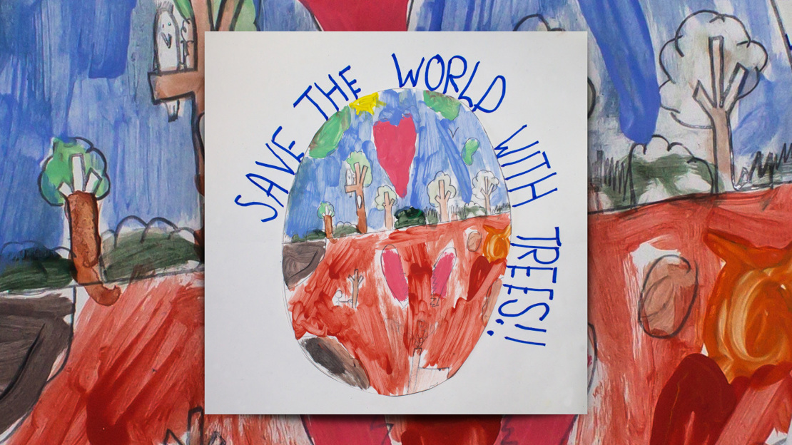 Child's colourful painting of trees