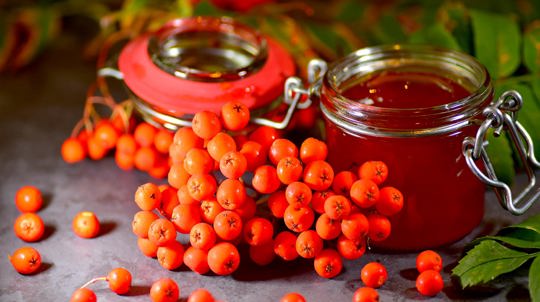 A jar of rowan jelly with rowan berries scattered around it