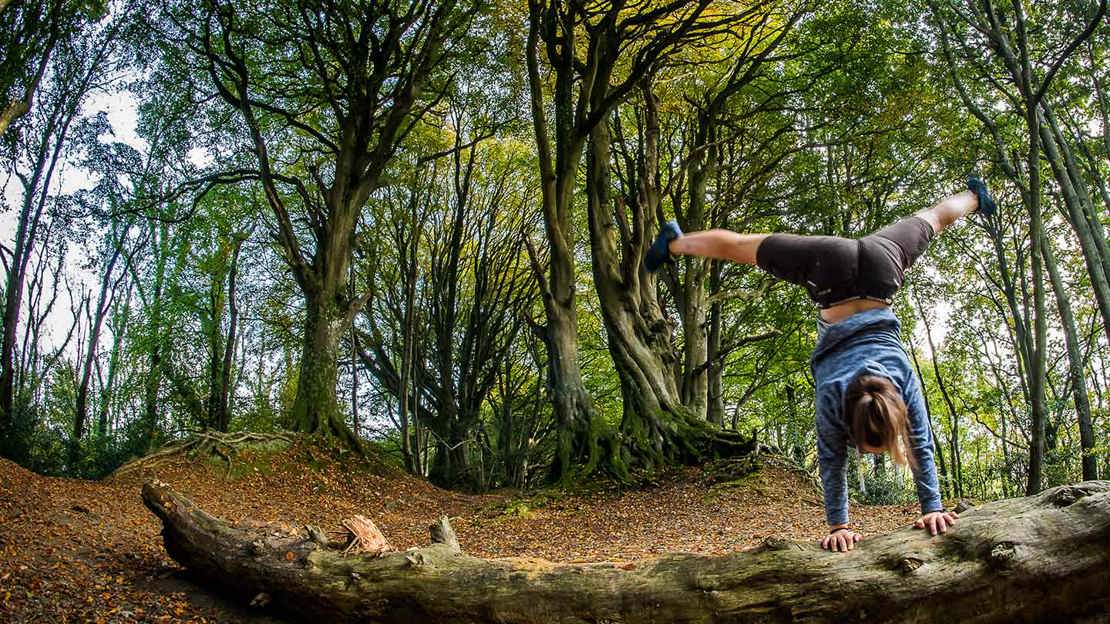 Man does gymnastic handstand on fallen tree trunk in woodland