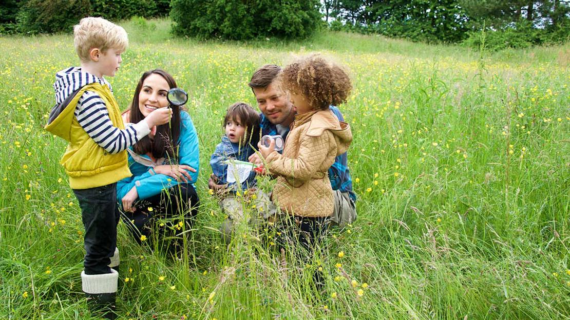 Family of five in a field with a magnifying glass