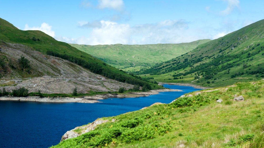 A sweeping vista of the lochs and hillsides at Glen Finglas