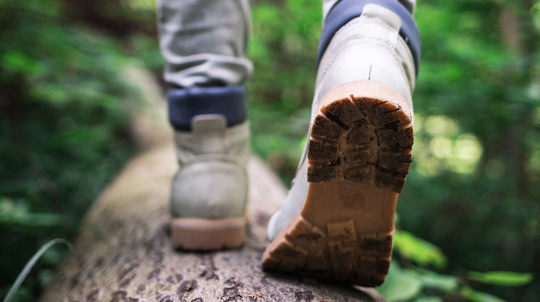 Close up of hiking boots walking across a fallen trunk