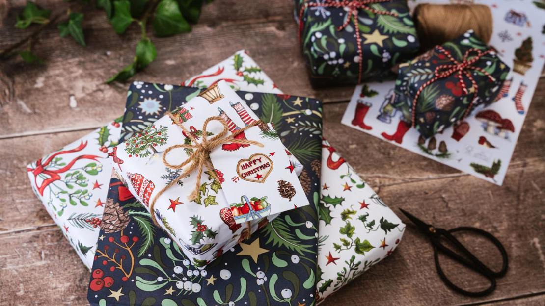 Gifts wrapped in Woodland Trust Christmas wrapping paper