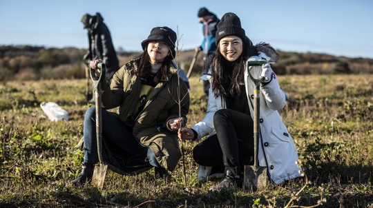 Two people in coats and hats crouch in an open space with spades and a newly planted sapling