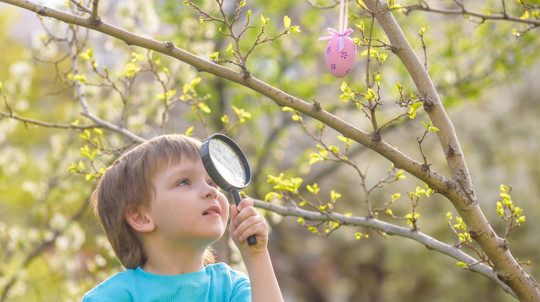 Young boy using a magnifying glass to look at a small, pink Easter egg hung in a tree