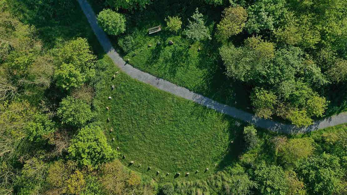 Aerial view of a stone circle in a woodland clearing