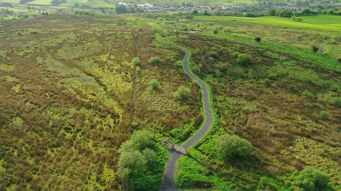 Aerial view looking over wood in the wider landscape