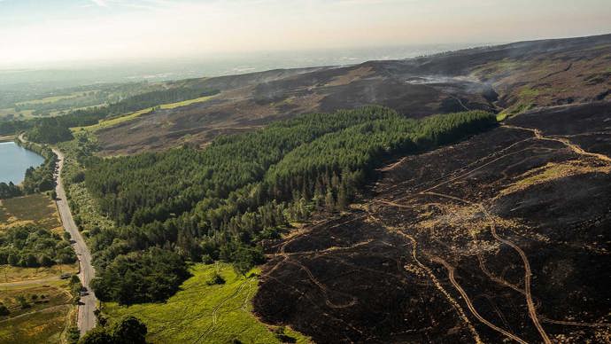 Fire damaged land contrasting with green land at Smithills Estate