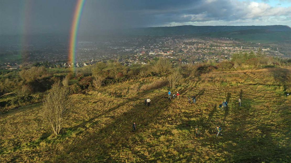 People planting on a hill above a city