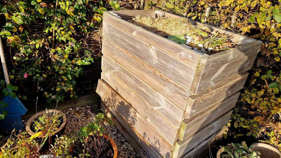A wooden compost bin with green material at the top in a garden corner