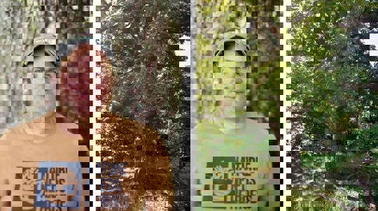 Outdoor profile shot of James Robinson and a close up of an ancient tree