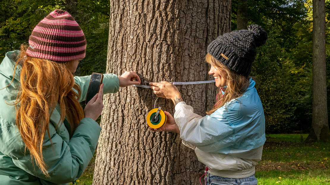 two young women in winter clothing measure a tree trunk