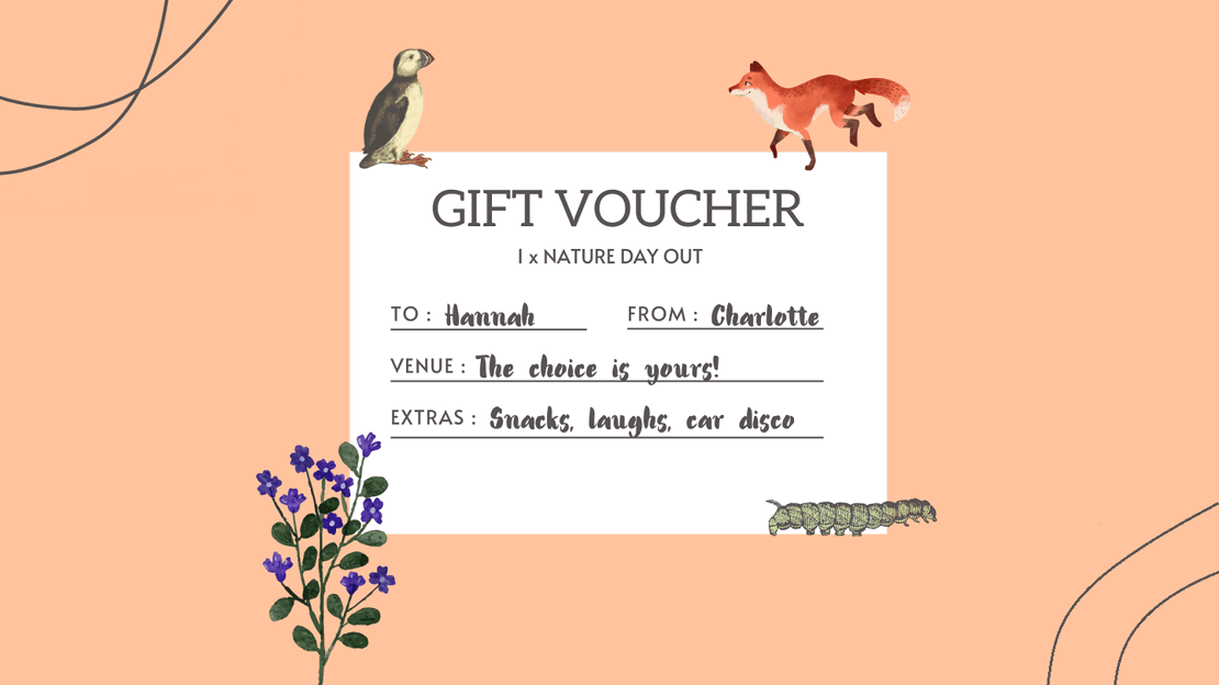 A homemade digital gift voucher for a nature day out decorated with illustrated wildlife images