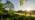 The sun dipping behind a hill and casting shafts of light onto a wooden bench beside a tree-lined river