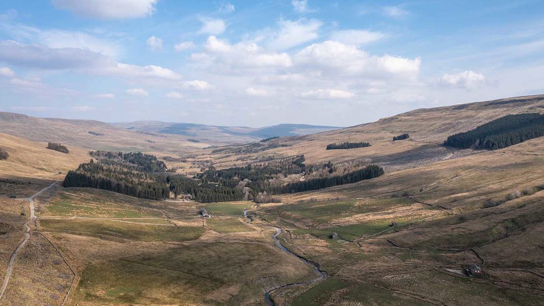 Aerial shot of the moors of Snaizeholme with a green patch of woodland in the middle
