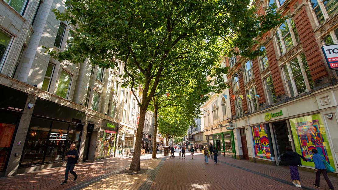 People walking down a tree-lined urban shopping street