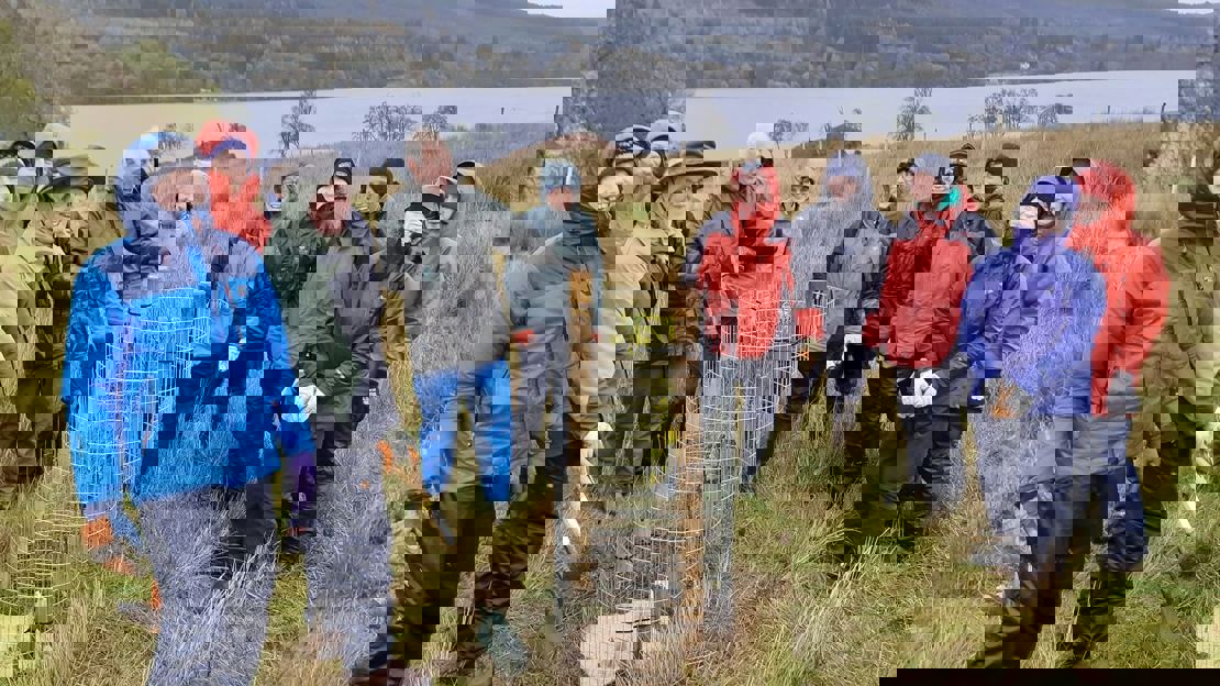 Group of people in winter coats stand around a young tree protected by a wire cage