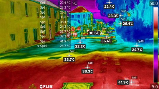 A thermal image of a tree on Constellation Street in Cardiff, showing cooler temperatures beneath the canopy