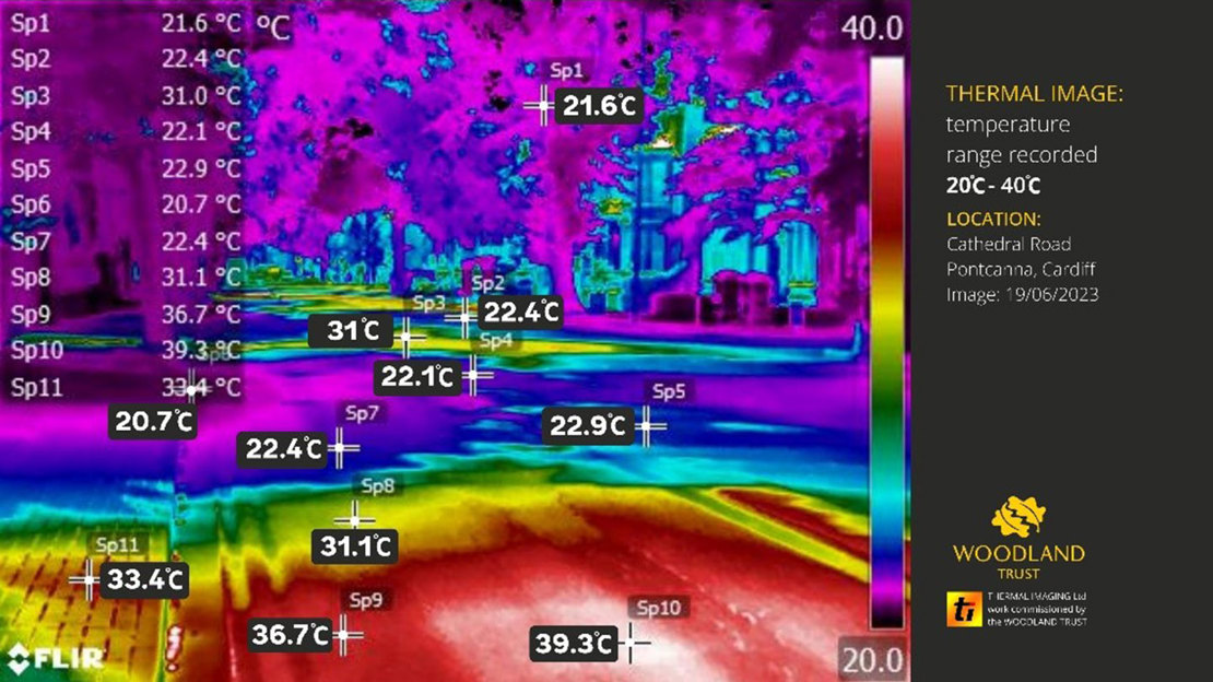 A thermal image showing blue colours where the temperature is cooler under trees, and red colours in full sunshine