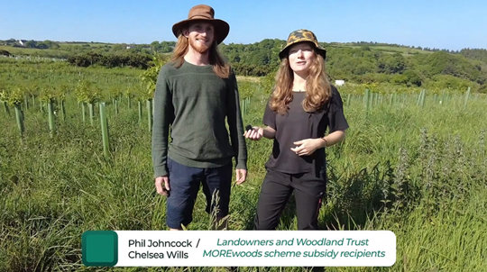 Two people in a field of newly planted saplings