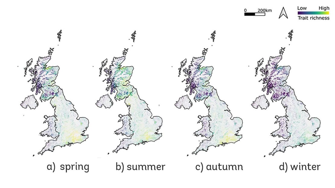 Heatmaps showing distribution of woodland wellbeing traits across the UK.